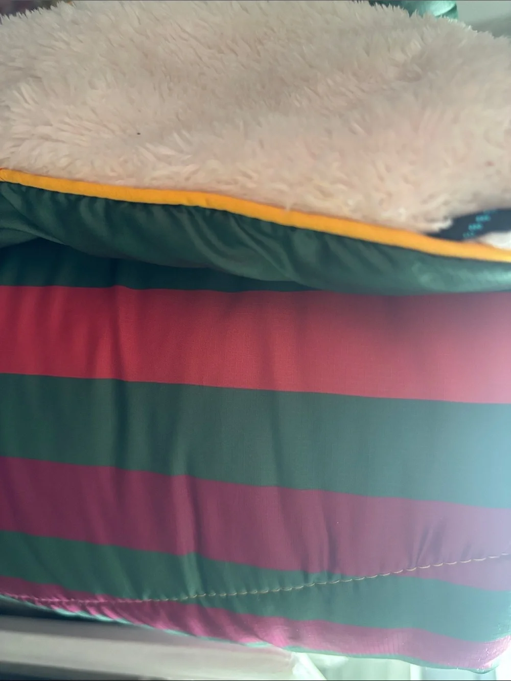 Rumpl 2 Person Sherpa Puffy Blanket — Forest Green with Sunset Stripes